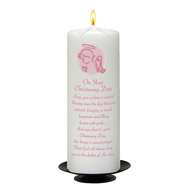 Personalised Girls Christening Candle - Angel Pink with Photo