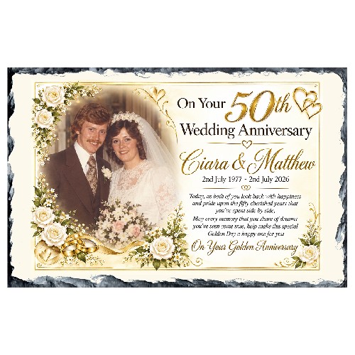 Personalsied Wedding Anniversary Slate Gift - Any Anniversary Photo & Family Crests Beige