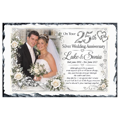 Personalsied Wedding Anniversary Slate Gift - Any Anniversary Photo & Family Crests Beige