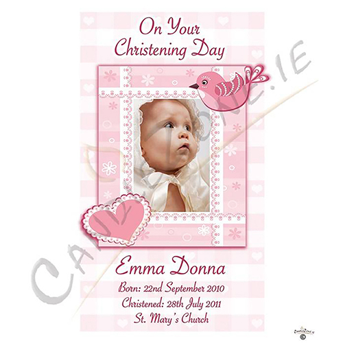 Personalised Girls Christening Candle - Heart & Bird Pink with Photo