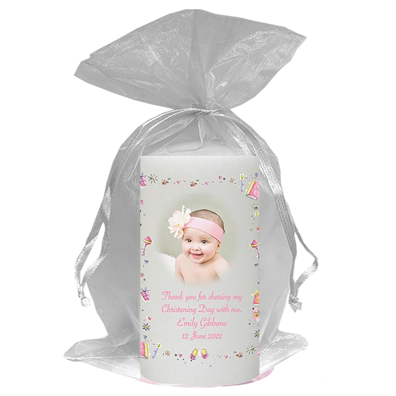 Personalised Girls Christening Candle - Stars & Hearts Pink with Photo