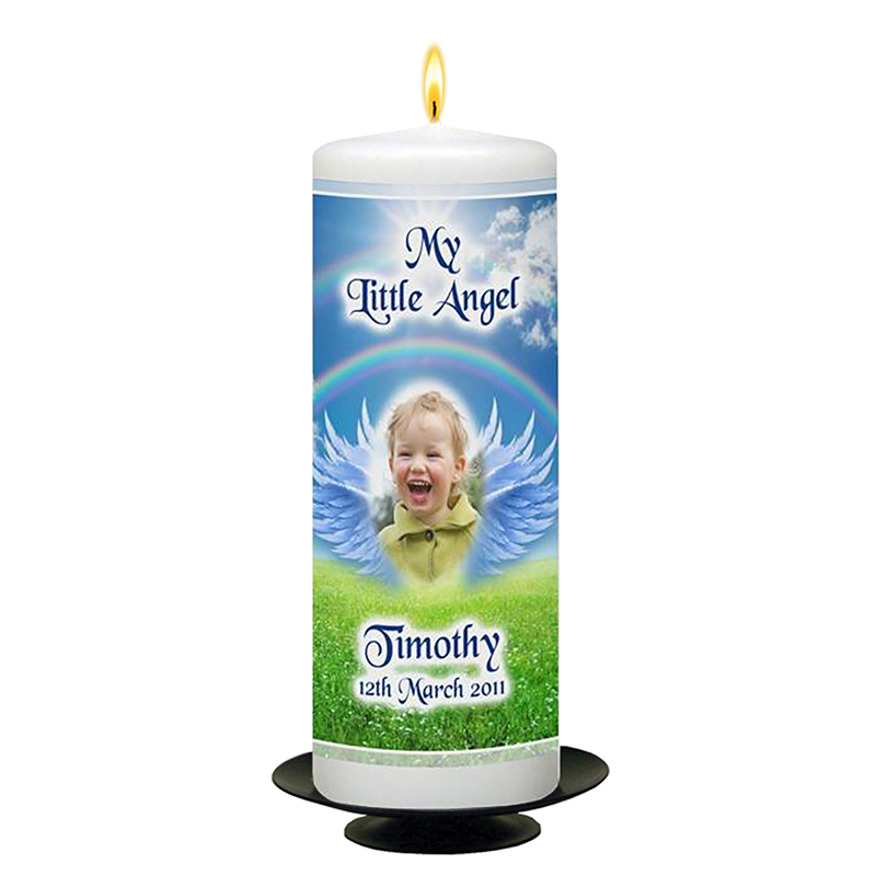 Personalised Remembrance Candle - Angel Wings Blue with Photo