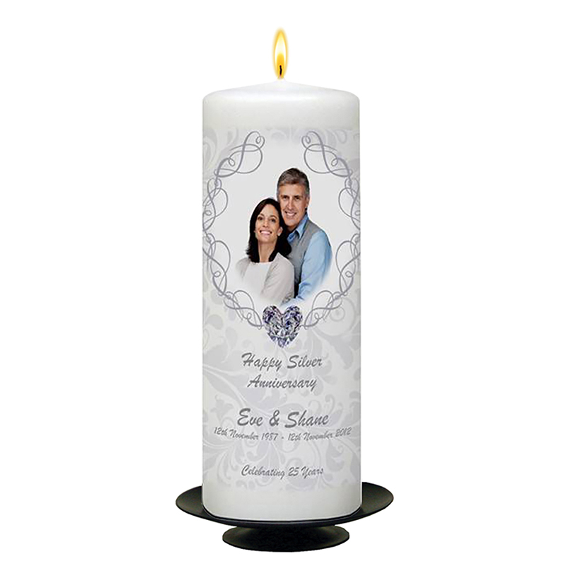 Personalised Wedding Anniversary Candle Gift - 25th (Silver) Anniversary - Love Heart Gem & Photo
