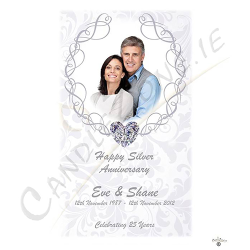 Personalised Wedding Anniversary Candle Gift - 25th (Silver) Anniversary - Love Heart Gem & Photo