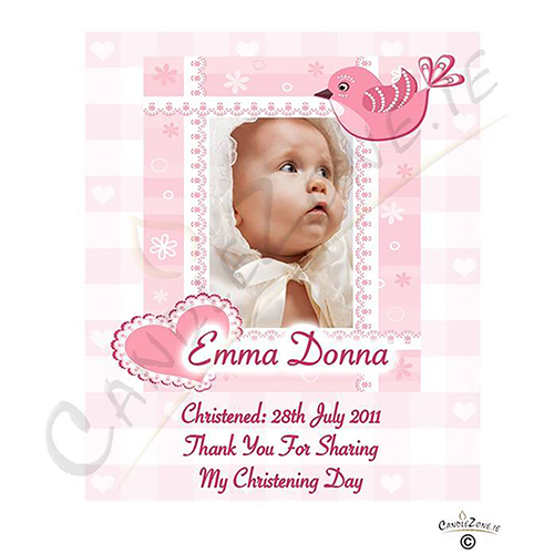 Thank you Christening Favour - Heart & Bird with Photo Pink