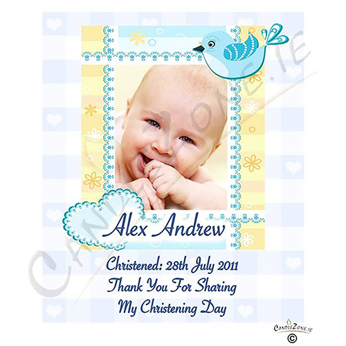 Thank you Christening Favour - Heart & Bird with Photo Blue