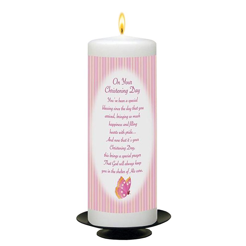 Personalised Girls Christening Candle - Butterfly & Bow Pink with Photo