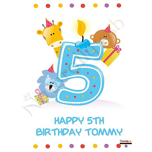 Personalised Birthday Candle - Age 5 - Animal Party & Photo