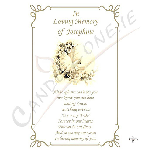 Personalised Wedding Remembrance Candle - Dove & Flowers Gold Script