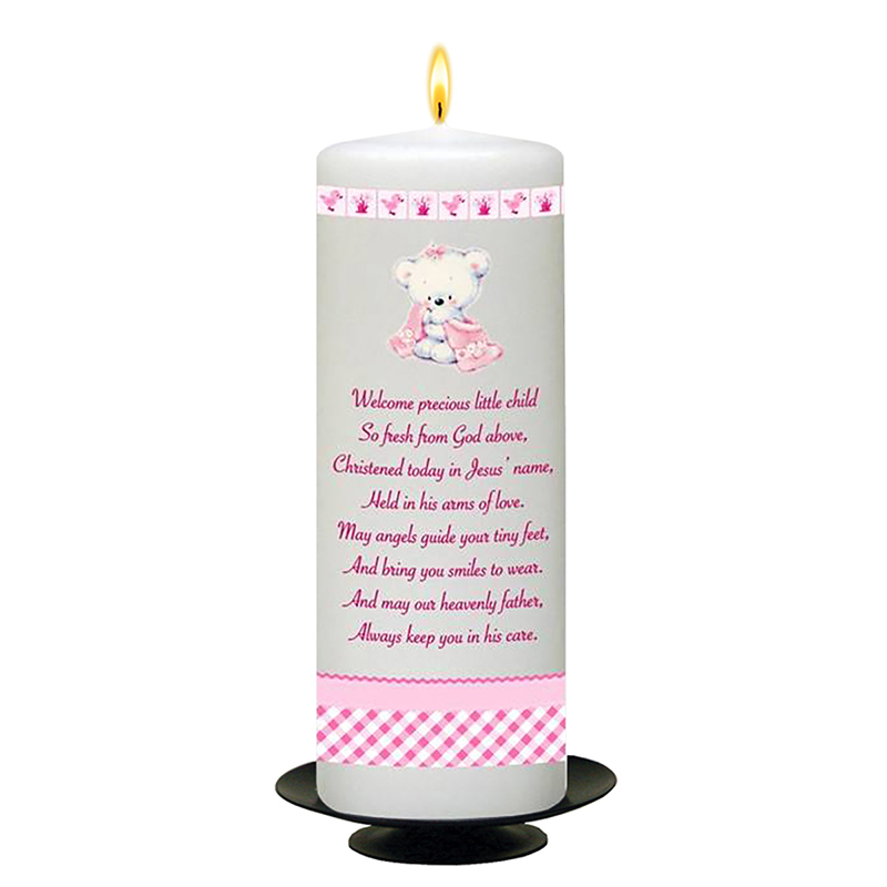 Personalised Girls Christening Candle - Hush Teddy Pink