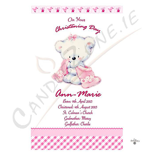 Personalised Girls Christening Candle - Hush Teddy Pink