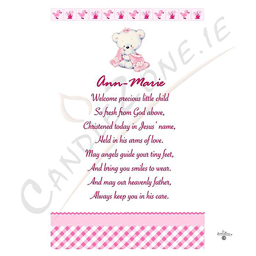 Personalised Girls Christening Candle - Hush Teddy Pink