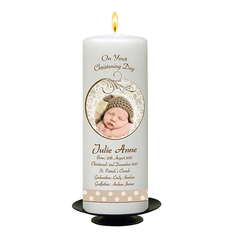 Personalised Boys Christening Candle - Teddy & Bubbles Brown with Photo
