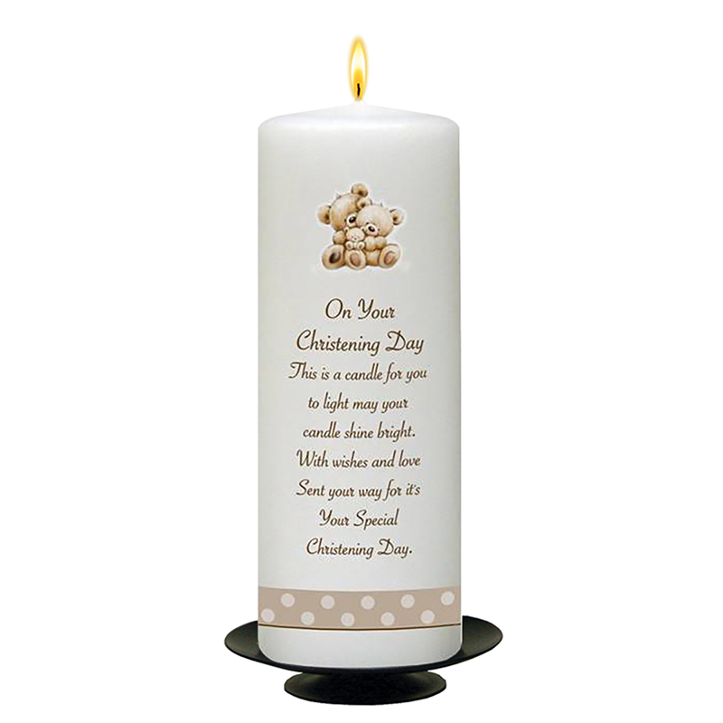 Personalised Christening Candle - Teddy & Bubbles Brown