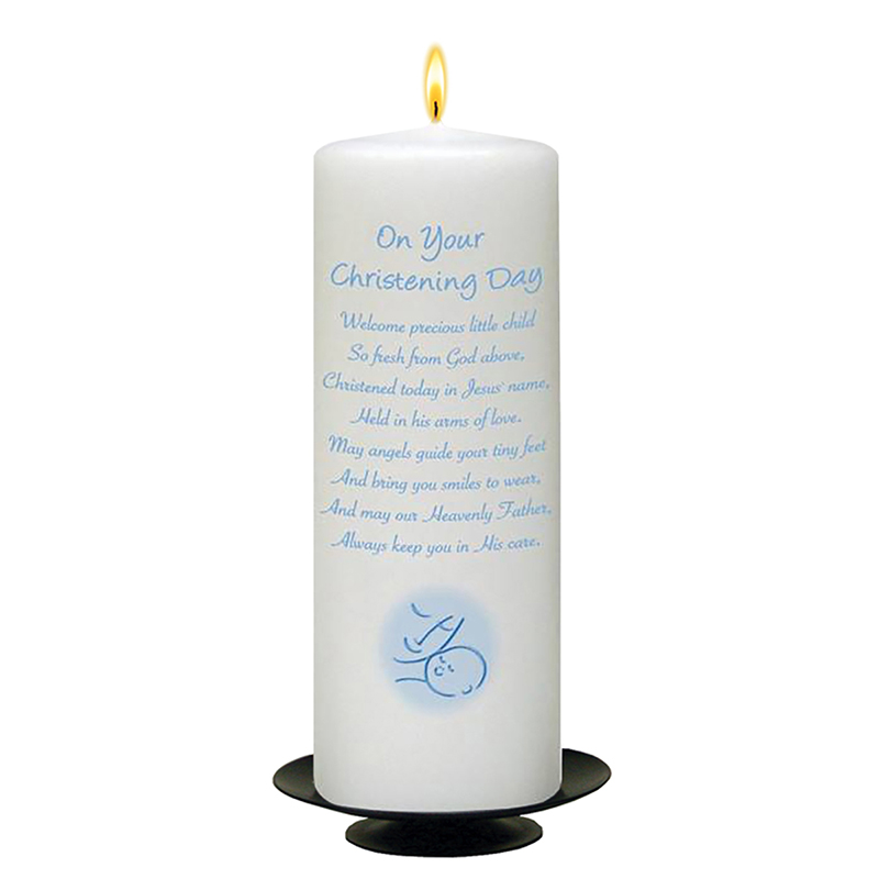 Personalised Boys Christening Candle - Mother & Child Blue