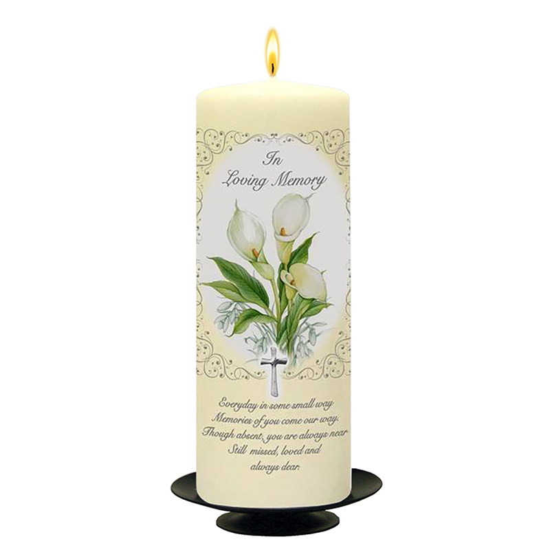 Personalised Remembrance Candle - Calla Lillies & Cross Silver