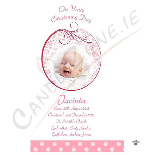 Personalised Girls Christening Candle - Teddy & Bubbles Pink with Photo