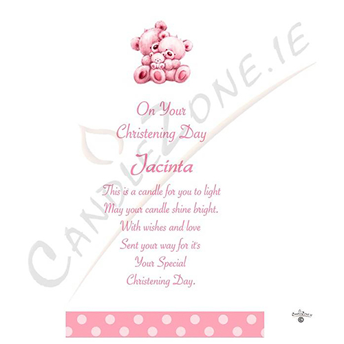 Personalised Girls Christening Candle - Teddy & Bubbles Pink with Photo