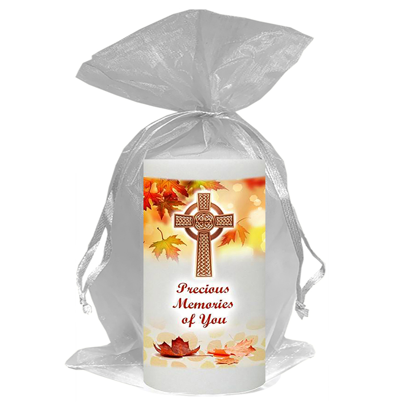 Personalised Remembrance Favour Candle - Celtic Cross & Autumn Leaves