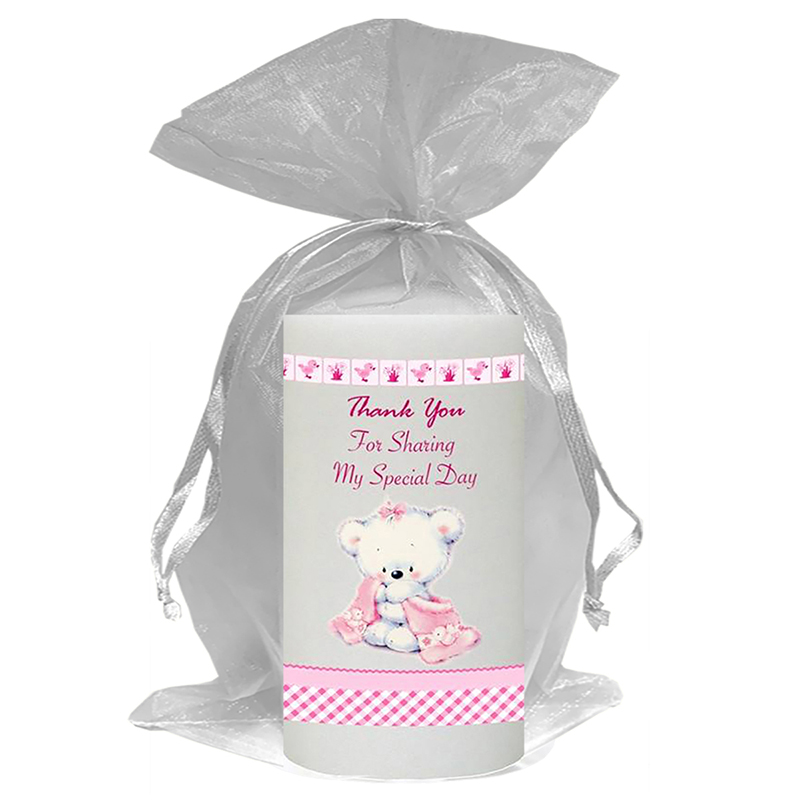 Personalised Girls Christening Candle - Hush Teddy Pink