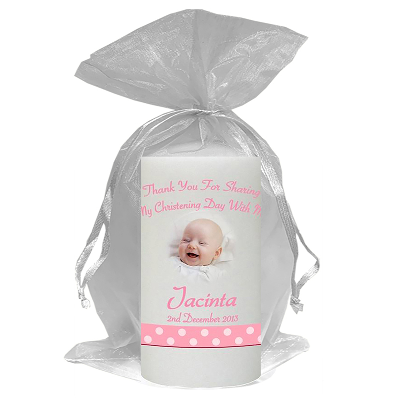 Personalised Girls Christening Candle - Teddy & Bubbles Pink with Photo