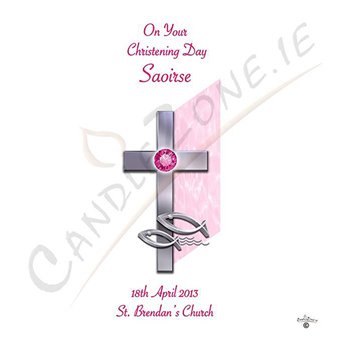 Personalised Girls Christening Candle - Cross & Fish Pink