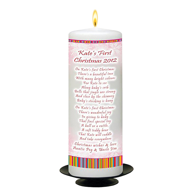 Personalised Babys 1st Christmas Candle - Red Snowflakes with Photo