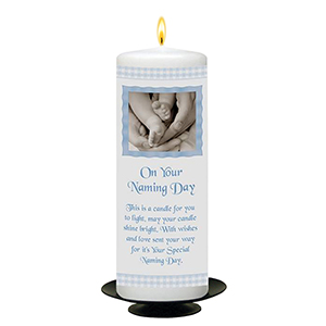 Personalised Naming Day Candle Gift - A Pair of Booties Blue with Photo