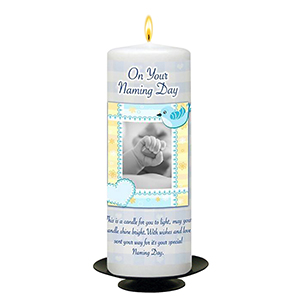 Personalised Naming Day Candle Gift - A Pair of Booties Blue with Photo