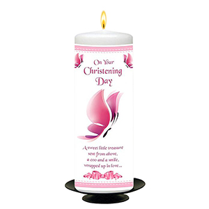 Personalised Girls Christening Candle - Cradle & Bow Pink