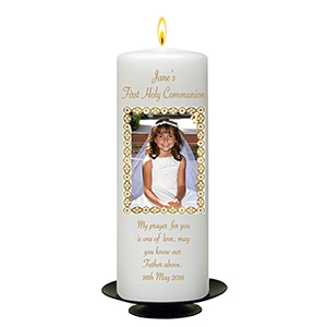 Personalised 1st Holy Communion Candle - Gold Frame with Photo Boy