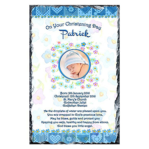 Personalised Boy Christening Slate Gift - All Things Nice Blue with Photo