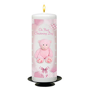 Personalised Girls Christening Candle - Cradle & Bow Pink