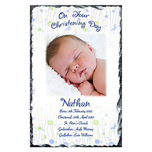 Personalised Boy Christening Slate Gift - All Things Nice Blue with Photo