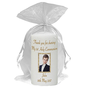 Personalised 1st Holy Communion Candle - Gold Frame with Photo Boy