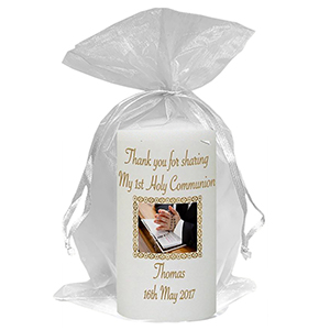 Personalised 1st Holy Communion Candle - Gold Frame with Photo Boy