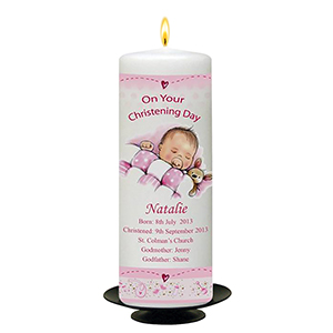 Personalised Girls Christening Candle - Cradle & Bow Pink