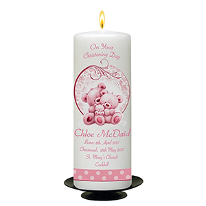 Personalised Girls Christening Candle - Cradle & Bow Pink