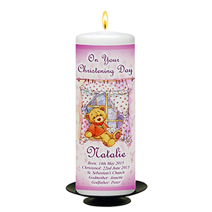 Personalised Girls Christening Candle - Cradle & Bow Pink