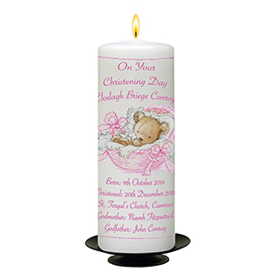 Personalised Girls Christening Candle - Cradle & Bow Pink