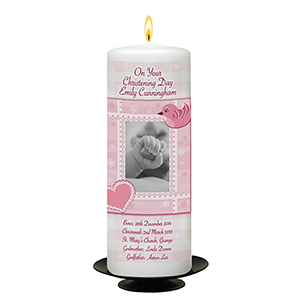 Personalised Girls Christening Candle - Cradle & Bow Pink