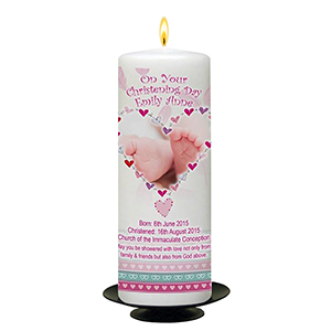 Personalised Girls Christening Candle - Cradle & Bow Pink