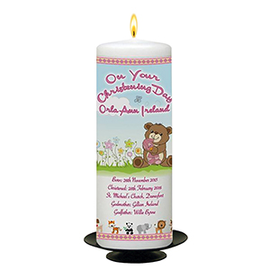 Personalised Girls Christening Candle - Cradle & Bow Pink