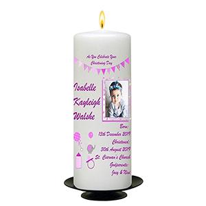 Personalised Girls Christening Candle - Cradle & Bow Pink