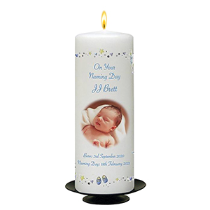 Personalised Naming Day Candle Gift - A Pair of Booties Blue with Photo