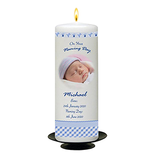 Personalised Naming Day Candle Gift - A Pair of Booties Blue with Photo