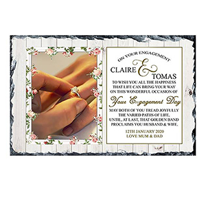 Personalised Engagement Slate Gift - Family Crests and Photo - Beige Background