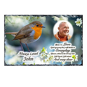 Personalsied Remembrance Slate - Blue Rose & Robin with Photo
