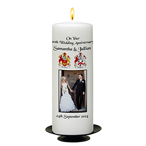 Personalised Wedding Anniversary Candle Gift - Family Crest Anniversary Gold Script & Photo