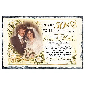 Personalsied Wedding Anniversary Slate Gift - Any Anniversary Photo & Family Crests Beige